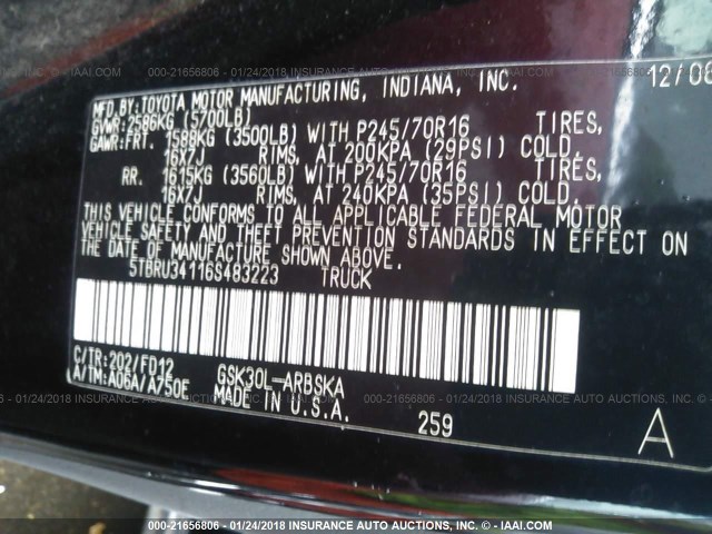 5TBRU34116S483223 - 2006 TOYOTA TUNDRA ACCESS CAB SR5 BLACK photo 9