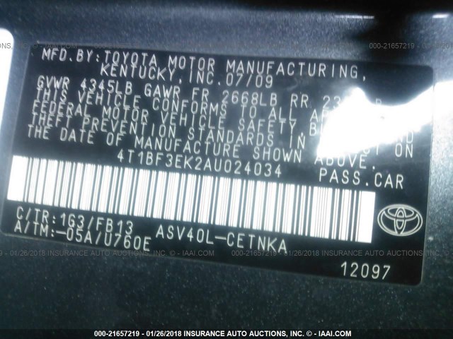 4T1BF3EK2AU024034 - 2010 TOYOTA CAMRY SE/LE/XLE 灰色 照片 9
