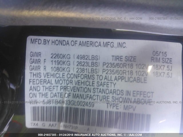 5J8TB4H33GL002459 - 2016 ACURA RDX BLACK photo 9