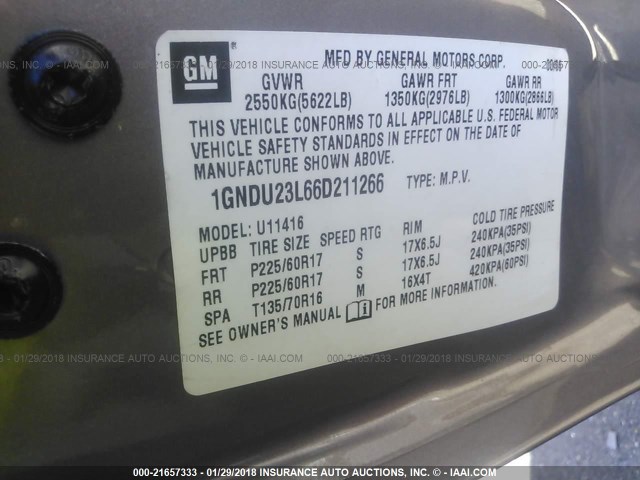 1GNDU23L66D211266 - 2006 CHEVROLET UPLANDER LS მუქი ყავისფერი ფოტო 9