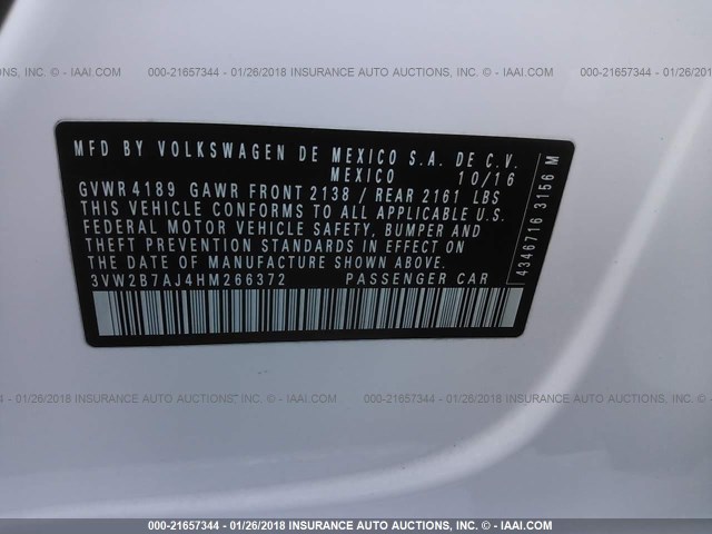 3VW2B7AJ4HM266372 - 2017 VOLKSWAGEN JETTA S 白色 照片 9