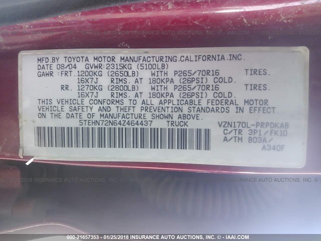 5TEHN72N64Z464437 - 2004 TOYOTA TACOMA DOUBLE CAB RED photo 9