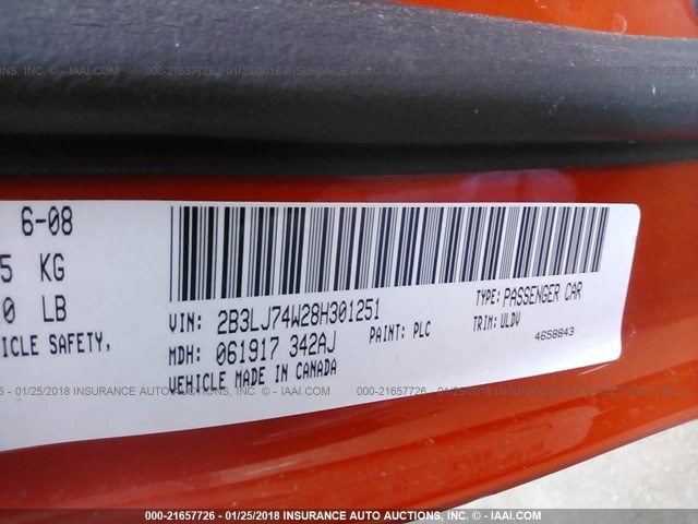 2B3LJ74W28H301251 - 2008 DODGE CHALLENGER SRT-8 橙色 照片 9