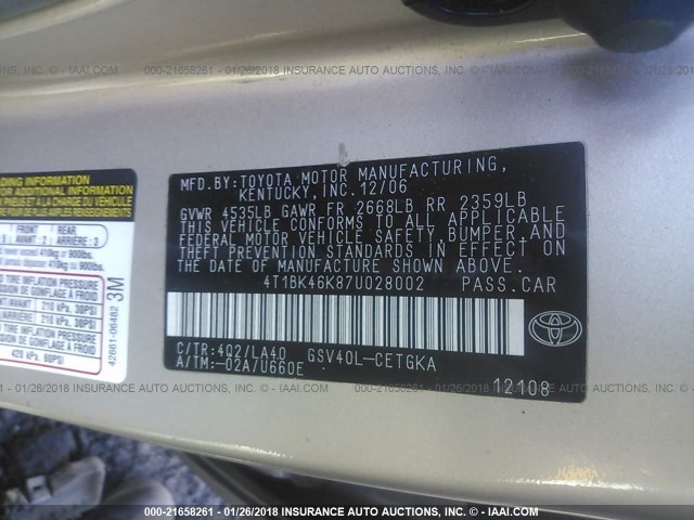 4T1BK46K87U028002 - 2007 TOYOTA CAMRY NEW GENERAT LE/XLE/SE GOLD photo 9