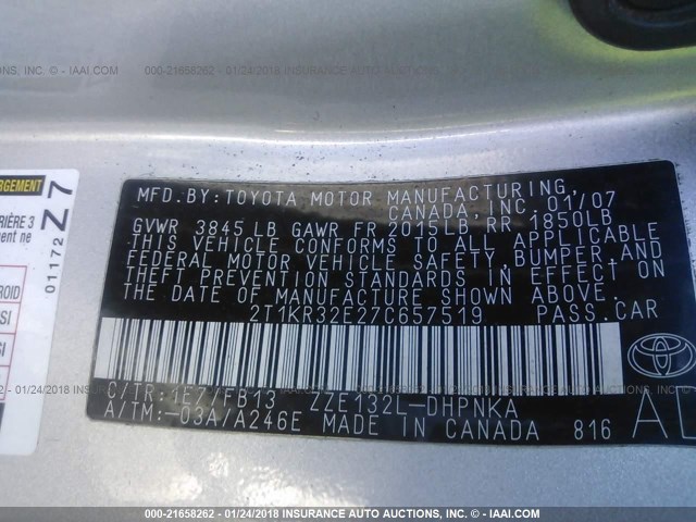 2T1KR32E27C657519 - 2007 TOYOTA COROLLA MATRIX XR SILVER photo 9