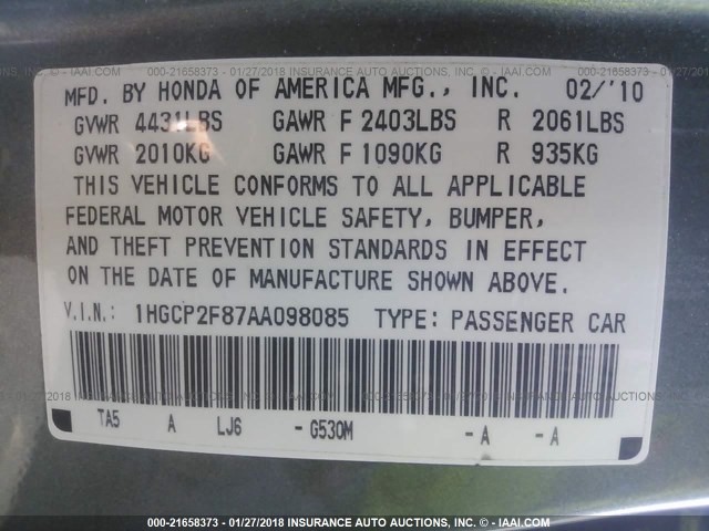 1HGCP2F87AA098085 - 2010 HONDA ACCORD EXL GRAY photo 9