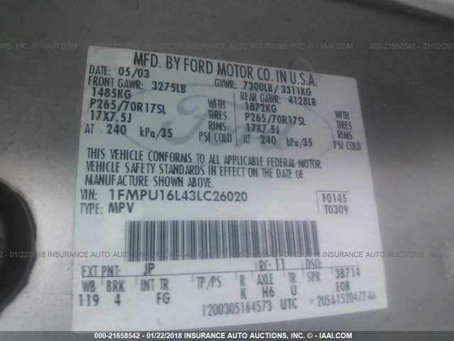 1FMPU16L43LC26020 - 2003 FORD EXPEDITION XLT Silber Foto 9