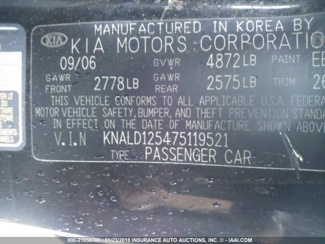 KNALD125475119521 - 2007 KIA AMANTI BLACK photo 9