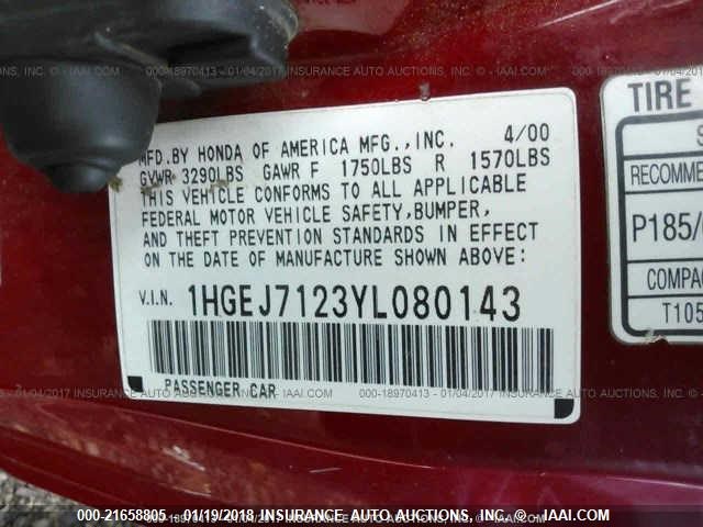 1HGEJ7123YL080143 - 2000 HONDA CIVIC HX RED photo 9