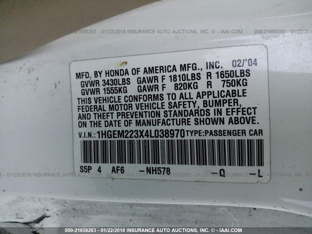 1HGEM223X4L038970 - 2004 HONDA CIVIC DX VP Ağ foto 9