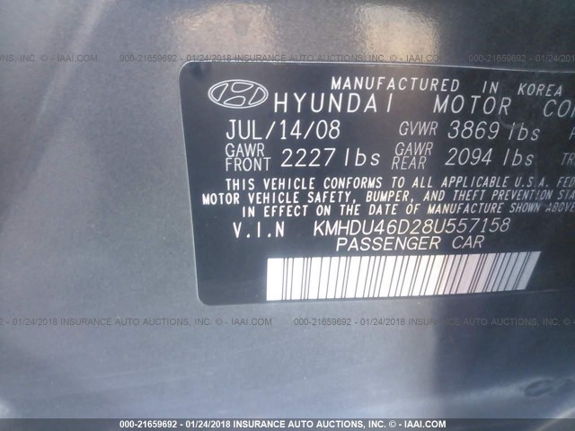 KMHDU46D28U557158 - 2008 HYUNDAI ELANTRA GLS/SE/LIMITED GRAY photo 9