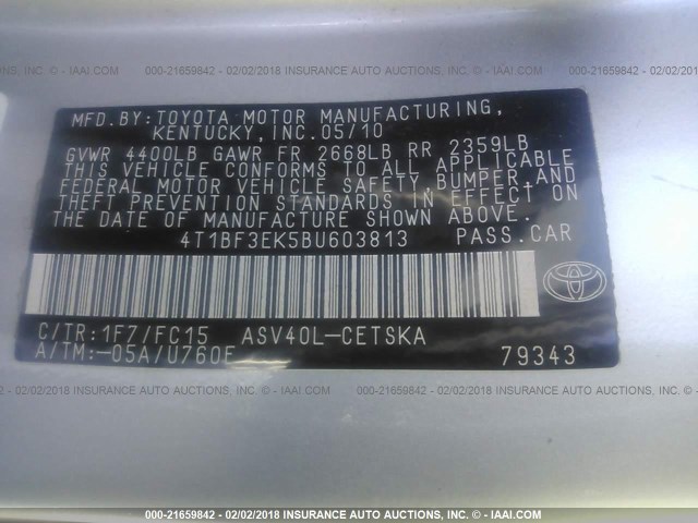 4T1BF3EK5BU603813 - 2011 TOYOTA CAMRY SE/LE/XLE SILVER photo 9