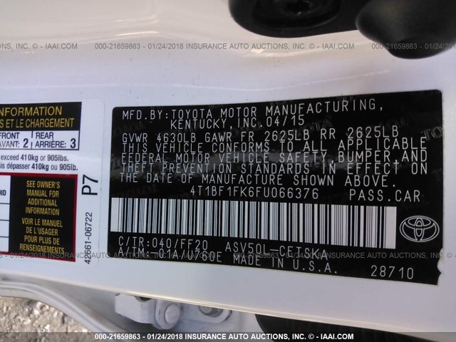 4T1BF1FK6FU066376 - 2015 TOYOTA CAMRY LE/XLE/SE/XSE Weiß Foto 9