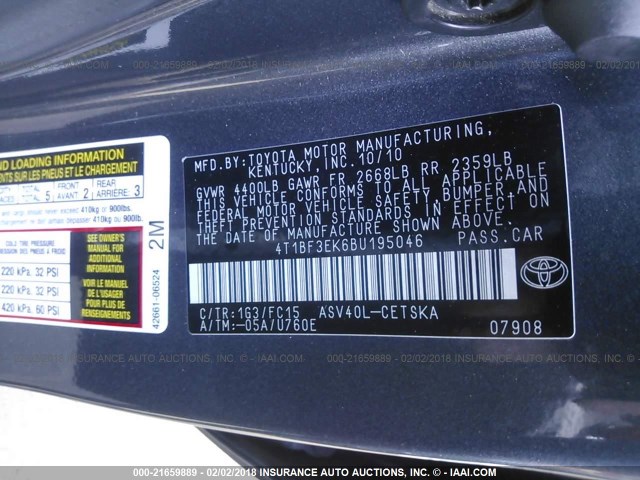 4T1BF3EK6BU195046 - 2011 TOYOTA CAMRY SE/LE/XLE GRAY photo 9
