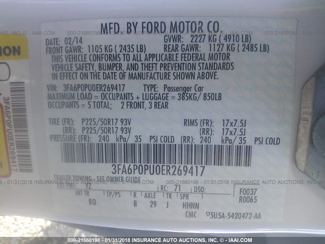 3FA6P0PU0ER269417 - 2014 FORD FUSION SE PHEV WHITE photo 9