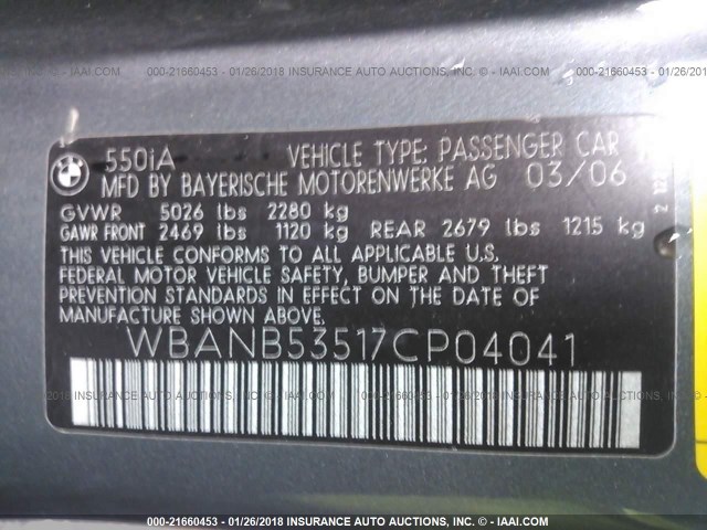 WBANB53517CP04041 - 2007 BMW 550 I GRAY photo 9