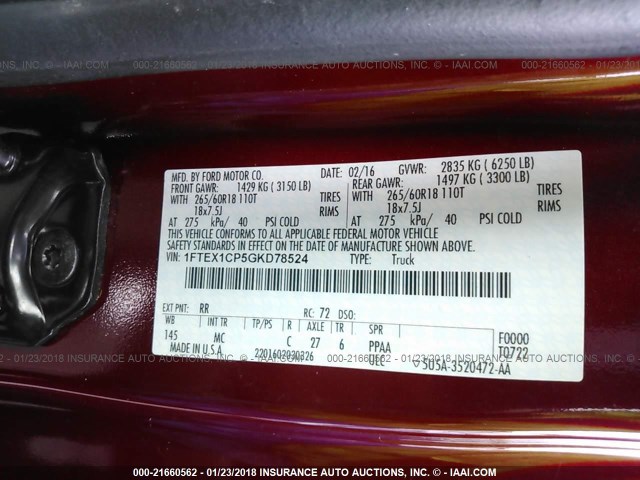 1FTEX1CP5GKD78524 - 2016 FORD F150 SUPER CAB RED photo 9