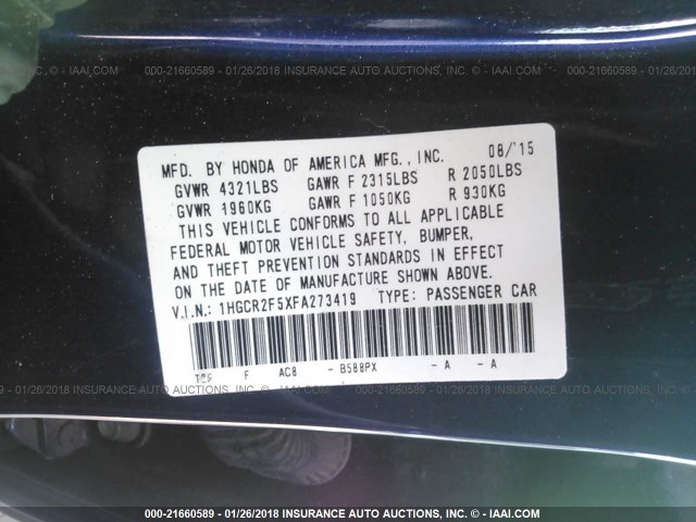 1HGCR2F5XFA273419 - 2015 HONDA ACCORD SPORT 深蓝色 照片 9