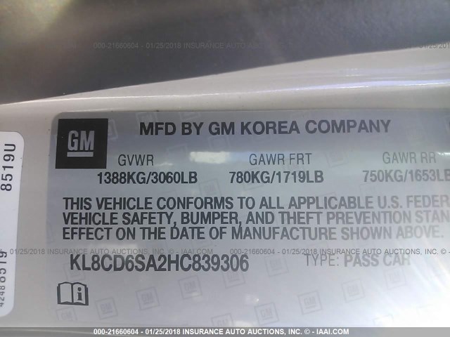 KL8CD6SA2HC839306 - 2017 CHEVROLET SPARK 1LT Белый фото 9