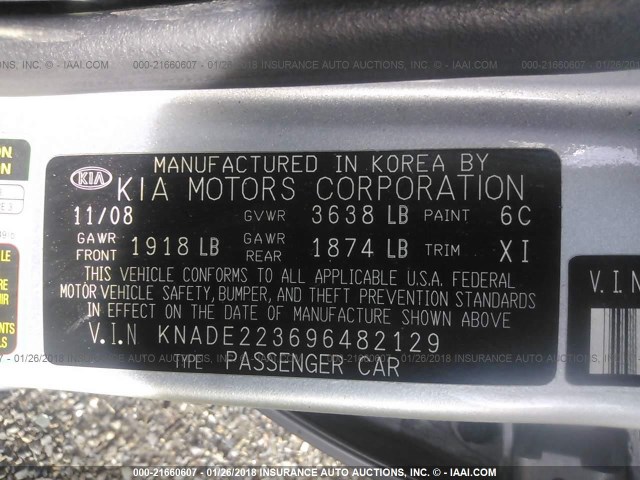 KNADE223696482129 - 2009 KIA RIO LX/SX SILVER photo 9