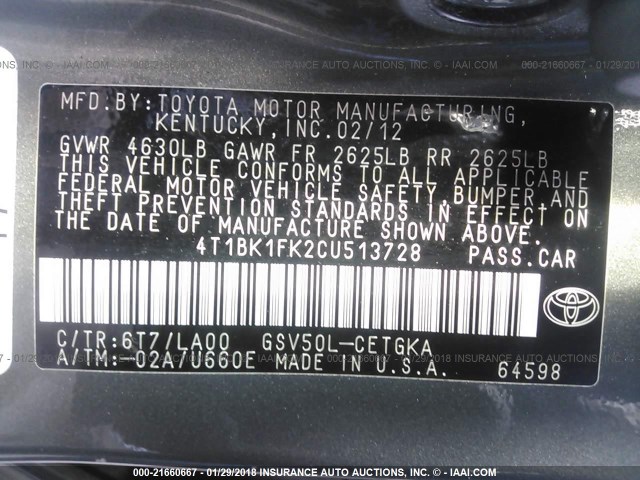 4T1BK1FK2CU513728 - 2012 TOYOTA CAMRY SE/XLE GRAY photo 9