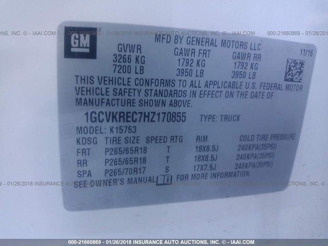 1GCVKREC7HZ170855 - 2017 CHEVROLET SILVERADO K1500 LT WHITE photo 9