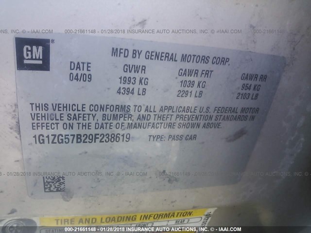 1G1ZG57B29F238619 - 2009 CHEVROLET MALIBU LS 棕色 照片 9