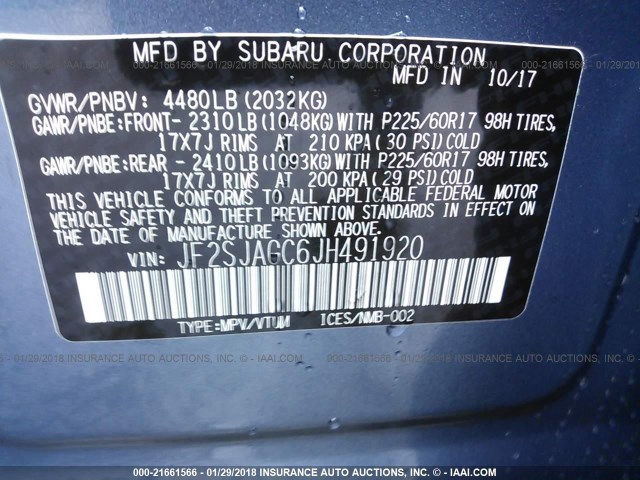 JF2SJAGC6JH491920 - 2018 SUBARU FORESTER 2.5I PREMIUM BLUE photo 9