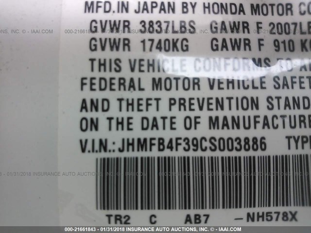 JHMFB4F39CS003886 - 2012 HONDA CIVIC HYBRID L WHITE photo 9