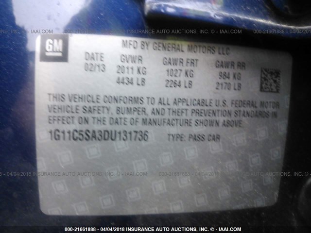 1G11C5SA3DU131736 - 2013 CHEVROLET MALIBU 1LT 蓝色 照片 9