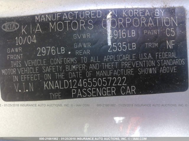 KNALD124655057222 - 2005 KIA AMANTI SILVER photo 9