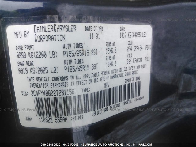 3C4FY48B02T281156 - 2002 CHRYSLER PT CRUISER CLASSIC 蓝色 照片 9