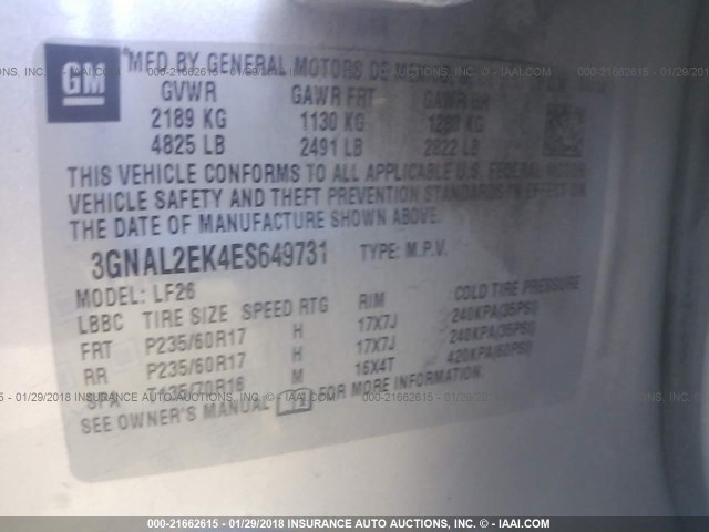 3GNAL2EK4ES649731 - 2014 CHEVROLET CAPTIVA LS 银色 照片 9