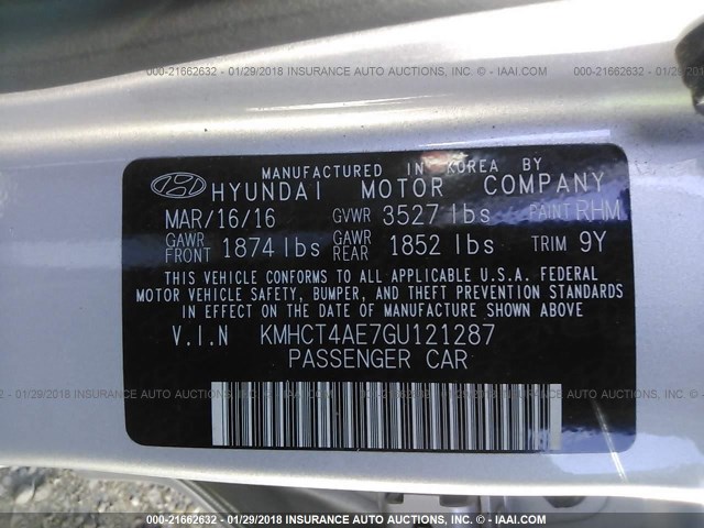 KMHCT4AE7GU121287 - 2016 HYUNDAI ACCENT SE SILVER photo 9