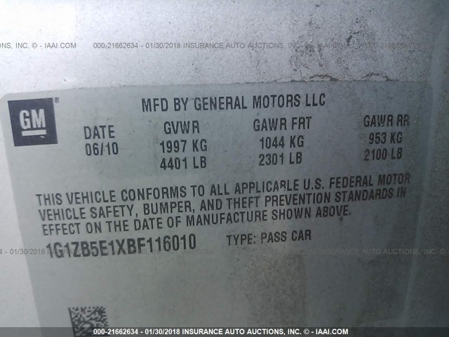 1G1ZB5E1XBF116010 - 2011 CHEVROLET MALIBU LS 银色 照片 9