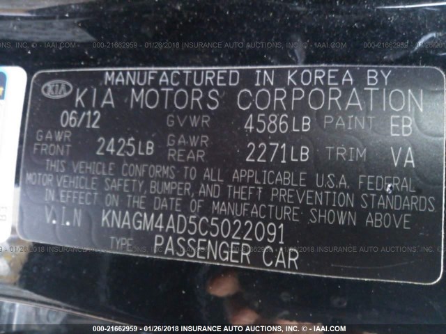 KNAGM4AD5C5022091 - 2012 KIA OPTIMA HYBRID BLACK photo 9