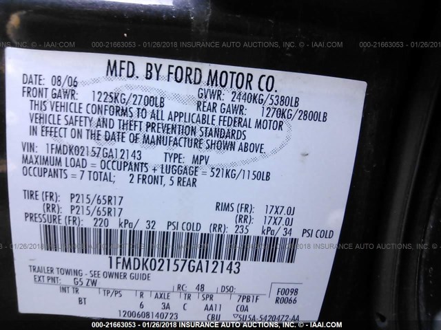 1FMDK02157GA12143 - 2007 FORD FREESTYLE SEL GRAY photo 9