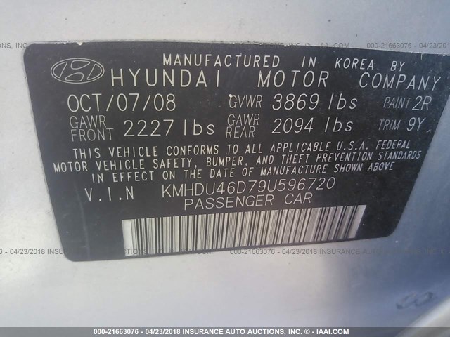 KMHDU46D79U596720 - 2009 HYUNDAI ELANTRA GLS/SE SILVER photo 9