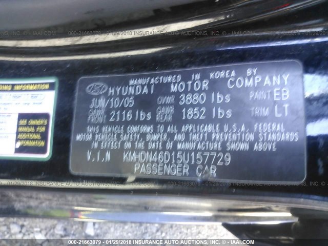 KMHDN46D15U157729 - 2005 HYUNDAI ELANTRA GLS/GT BLACK photo 9