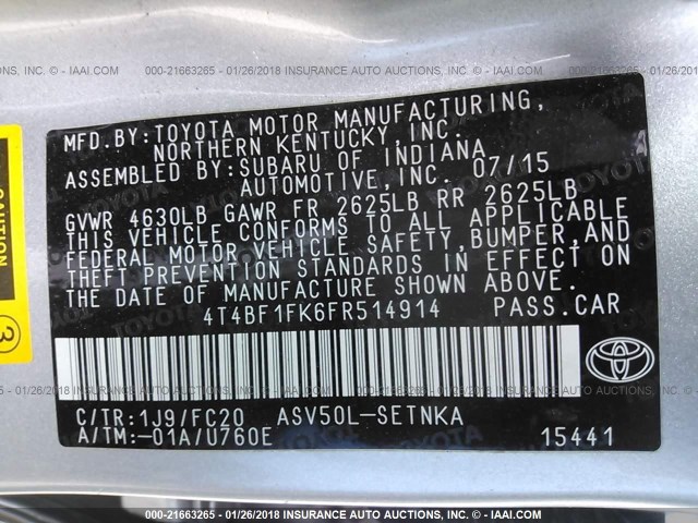 4T4BF1FK6FR514914 - 2015 TOYOTA CAMRY LE/XLE/SE/XSE SILVER photo 9