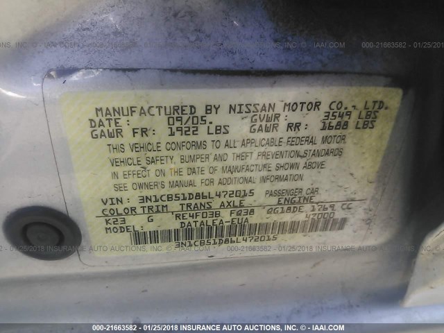 3N1CB51D86L472015 - 2006 NISSAN SENTRA 1.8/1.8S SILVER photo 9