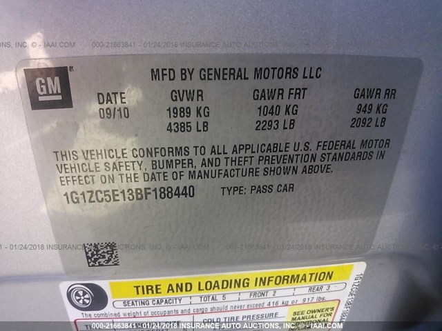 1G1ZC5E13BF188440 - 2011 CHEVROLET MALIBU 1LT 银色 照片 9