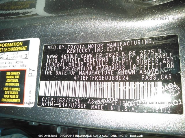 4T1BF1FK9EU388024 - 2014 TOYOTA CAMRY L/SE/LE/XLE 灰色 照片 9