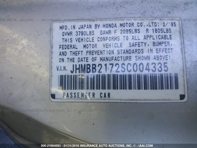 JHMBB2172SC004335 - 1995 HONDA PRELUDE SE SILVER photo 9