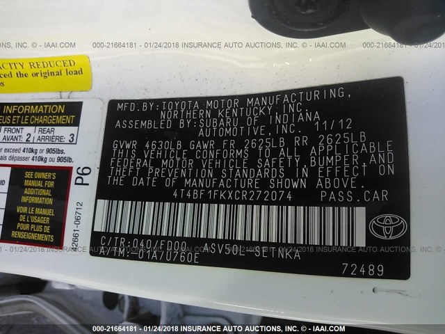 4T4BF1FKXCR272074 - 2012 TOYOTA CAMRY SE/LE/XLE WHITE photo 9