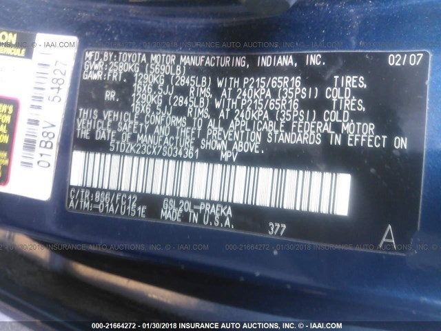 5TDZK23CX7S034361 - 2007 TOYOTA SIENNA CE/LE BLUE photo 9