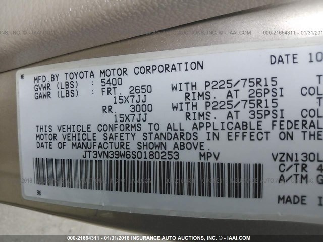 JT3VN39W6S0180253 - 1995 TOYOTA 4RUNNER VN39 SR5 棕色 照片 9