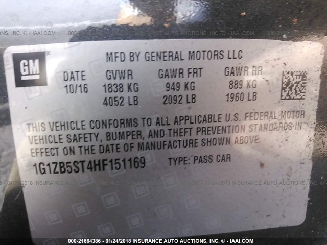 1G1ZB5ST4HF151169 - 2017 CHEVROLET MALIBU LS GRAY photo 9