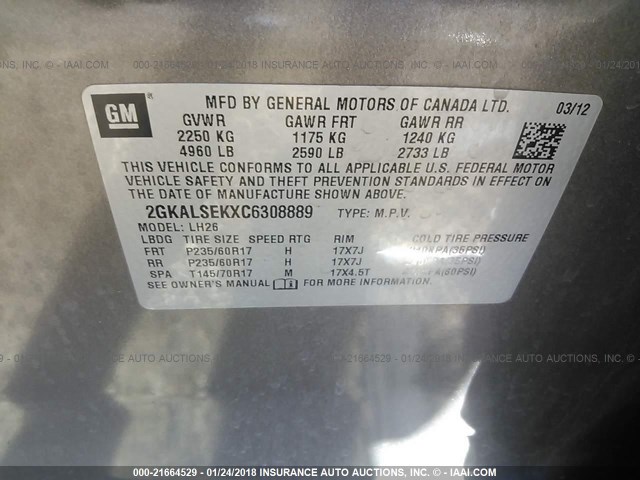 2GKALSEKXC6308889 - 2012 GMC TERRAIN SLE GRAY photo 9