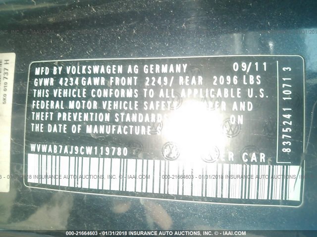 WVWAB7AJ9CW119780 - 2012 VOLKSWAGEN GOLF BLUE photo 9